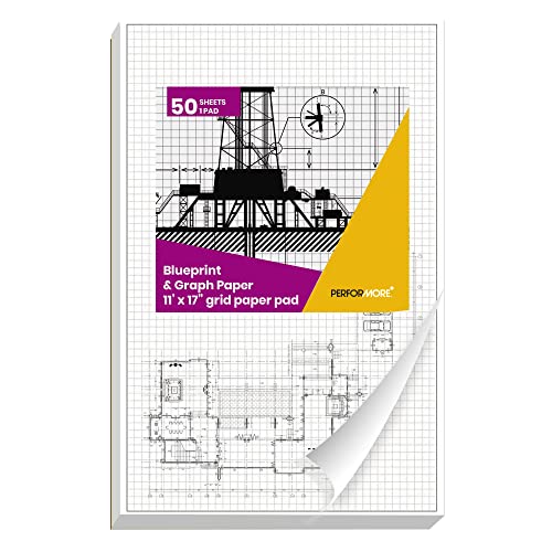 Performore 1 Pack Grid Paper Pads, 50 Sheets per Pad 11" x 17" Graph Paper Glue Top Binding Double Sided 4x4 Quadrille White Paper for Engineering Or Technical Drawings, Blueprint, Drafting - size: 11" X 17" - 1 Pack