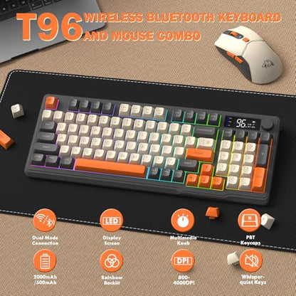 ZIYOU LANG T96 Wireless Gaming Keyboard and Mouse Combo,Dual Bluetooth//2.4G RGB Backlit Mechanical Feeling Keyboard with Smart Display & Knob,4000 DPI Gaming Mouse for PC Laptop Mac Wins-Shimmer - color: Shimmer
