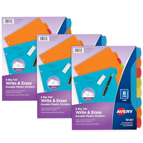 Avery® Big Tab™ Write & Erase Durable Plastic Dividers, 8-Tab Set, Multicolor Brights, 3 Sets (21210) - size: 8 tab, style: 3 Sets