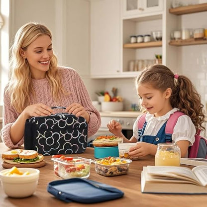 RHCPFOVR Kids Lunch Bag - Insulated Lunch Box for Boys Girls,Washable Lunch Bag and Reusable Toddler Leak-proof Lunchbox for School and Daycare - color: Black embroidered flowers
