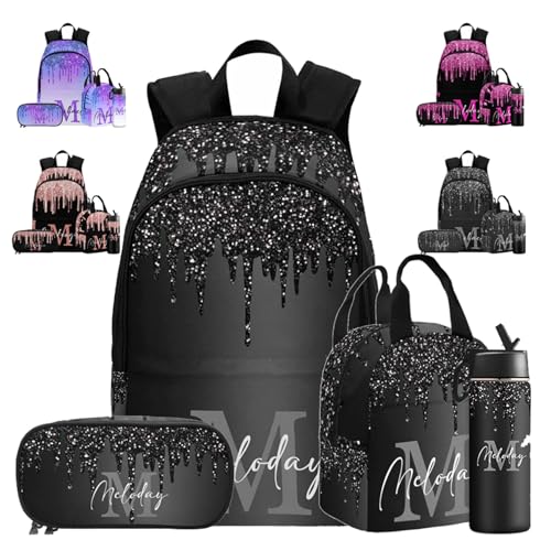 MyPupSocks Personalized Casual Daypack School Bag with Name for Students Back School Gift, Custom Black Sparkle Drip Monogram Lunch Box Backpack Shoulder Book Bag Travel Knapsack for Men Women - color: Multi 12