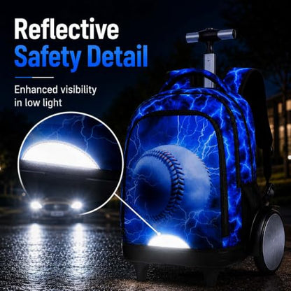 KLFVB Big Quiet-Glide Wheels Wheeled Backpack, 3-in-1 Rolling Bookbag Set with Lunch Bag | Water-Resistant Roller Bag for Boys, School, Travel, Play - Lightning Baseball - color: Big Wheels Rolling Backpack - Lightning Baseball