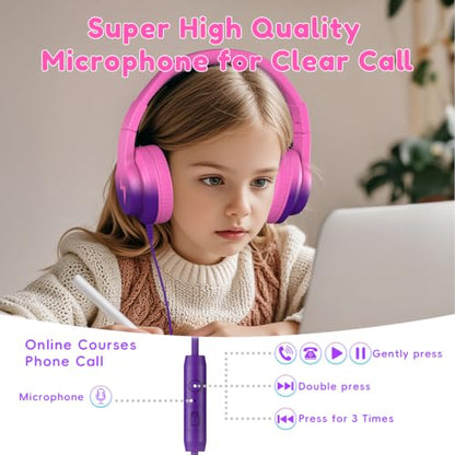 Candy Bila Kids Headphones, Wired Headphones for Kids Over Ear with Microphone, 85/94dB Volume Headphone for Girls Boys, Foldable Headphone for Learning & Entertainment, Deep Purple and Pink - color: Deep Purple and Pink