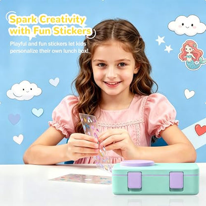 Bento Box for Kids, Leakproof Kids Bento Lunch Box Container with 8oz Insulated Thermo Food Jar, Sauce Jar, Utensil, DIY Stickers for School Boys Girls, 3-4 Compartments, BPA-Free - color: Lake Blue