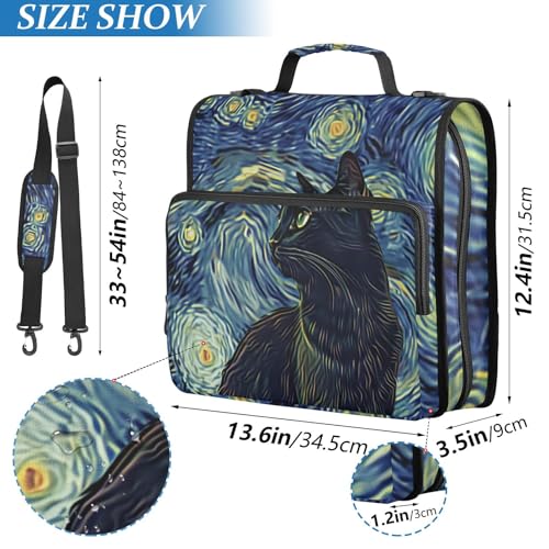 3 Ring Binder Zipper Binders Van Gogh Starry Sky Black Cat Expanding File Folder Bag with Shoulder Strap