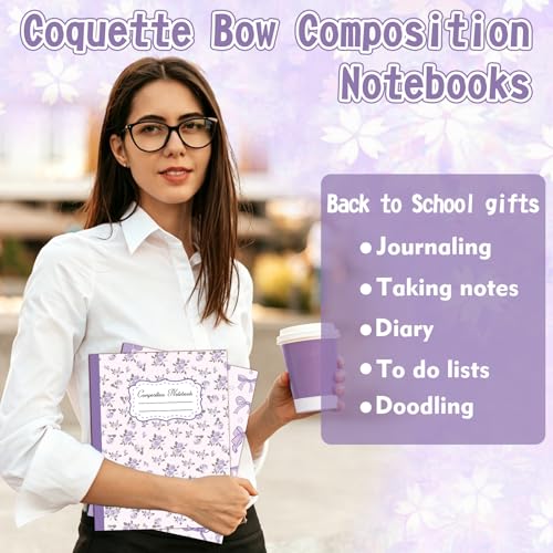 6 Pack Purple Bow Composition Notebooks, Cute Preppy Coquette Notebook, 9-3/4 x 7-1/2" Aesthetic College Ruled Journal, Back to School Gifts Preppy School Supplies, 110 Pages - color: Purple