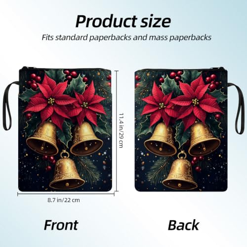 Padded Book Sleeve with Zipper & Front Pocket, Fabric Book Cover | Christmas Gold Bells Holly11.4"x8.7" Washable Canvas Pouch for Hardcovers, Tablets & Reading Accessories - color: Christmas Gold Bells Holly