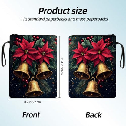 Padded Book Sleeve with Zipper & Front Pocket, Fabric Book Cover | Christmas Gold Bells Holly11.4"x8.7" Washable Canvas Pouch for Hardcovers, Tablets & Reading Accessories - color: Christmas Gold Bells Holly