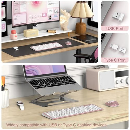 FENIFOX Wireless Keyboard and Mouse, Rechargeable USB C Combo Silent Quiet Compact Full Size Flat with Number Pad Soft Cover for Mac MacBook iMac Windows PC Laptop Computer Office - Pink & Rose Gold - color: Pink Rose Gold