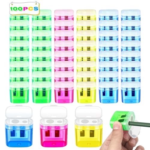 100 Pack Pencil Sharpener Bulk, Manual Pencil Sharpener with Lid for Kids, Double Hole Handheld Pencil Sharpeners for Classroom School Office Supplies, 4 Colors