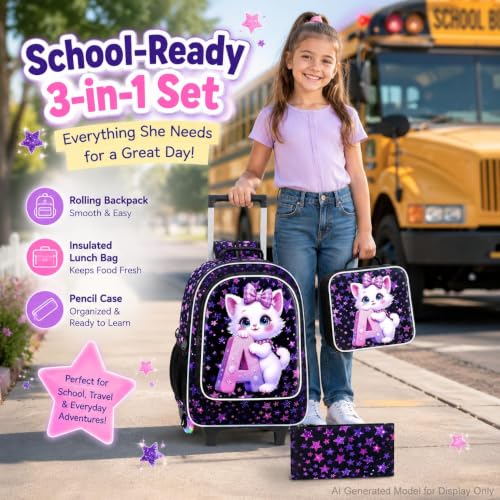 WZLVO 3PCS Kids Backpack with Wheels, 18" Sparkling Cat Print Roller Backpack for Girls with Light-Up Wheels, Includes Matching Lunch Bag & Pencil Bag - Cat Hugging A (Purple) - color: 3PCS Girls Rolling Backpack - Cat Hugging A