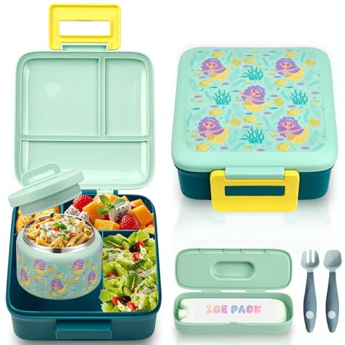 Bento Lunch Box for Kids with 8oz Soup Thermo Leak-Proof Lunch Food Containers with Snack Sauce Container for Kid Girls Boys to School - color: Yellow Mermaid