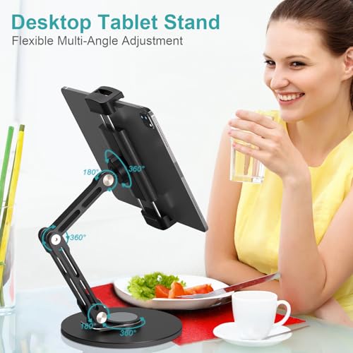 Adjustable iPad Stand,360 °Rotation iPad Heavy-Duty Base Mount ,Aluminum Alloy Foldable Tablet Holder for 4.7-17.3" iPhone /iPad Pro/Tablet/Portable Monitor, Mic Clip Screw Adapters for Microphones