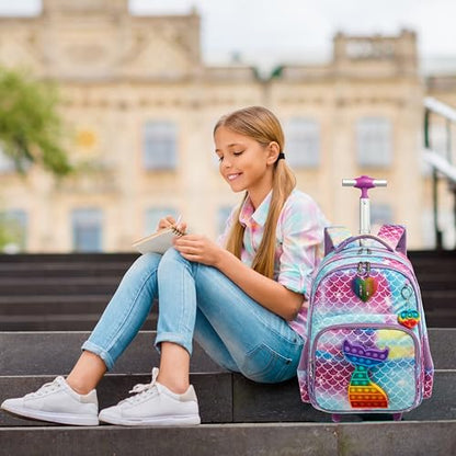 Mermaid Rolling Backpack for Girls Kids Wheels Backpacks for Elementary Student Wheeled Trolley Trip Luggage for Teen Girls with Lunch Box Pencil Case - color: 01 Mermaid
