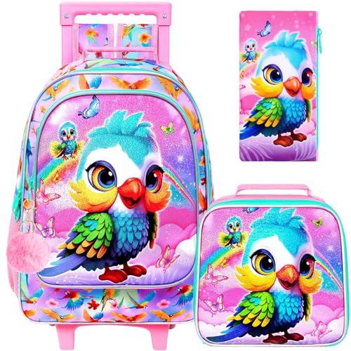 CCJPX 3PCS Rolling Backpack for Girls, Kids Roller Wheels School Bookbag Set, Wheeled School Bag for Toddler Elementary Children - color: Pink Parrot