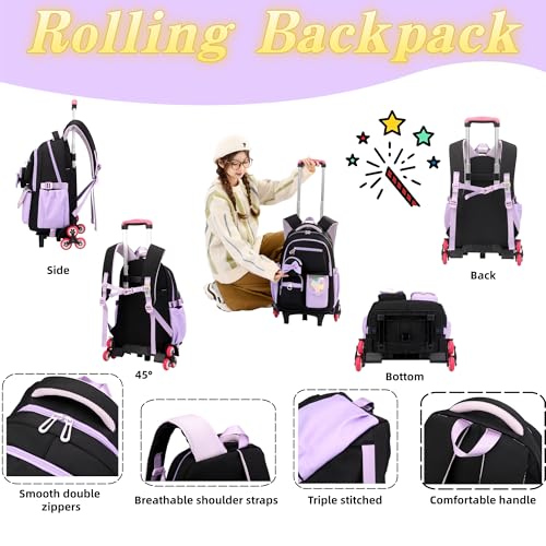 Rolling Backpack for Girls Kids Backpack with Wheels Cute Girls Trolley Bags Rolling School Bag for Elementary Middle - color: Black+pink 6 Wheels