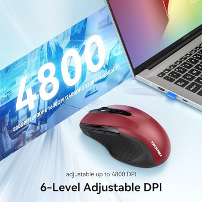 TECKNET Rechargeable Jiggler Wireless Mouse (BT5.0/3.0 & 2.4G) 4800 DPI Silent USB A & Bluetooth Mouse 6 Buttons, Wide Compatibility - Red - color: Red
