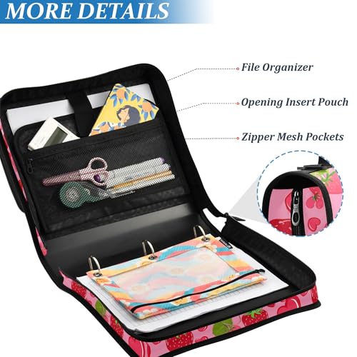 Cute Strawberry Zipper Binder 3 Ring with Shoulder Strap, Multiple Pockets Expanding File Folder Binder Bag Organizer