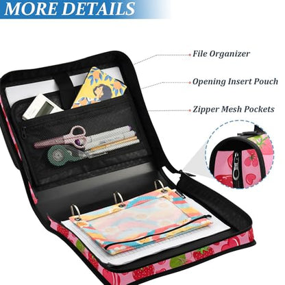 Cute Strawberry Zipper Binder 3 Ring with Shoulder Strap, Multiple Pockets Expanding File Folder Binder Bag Organizer