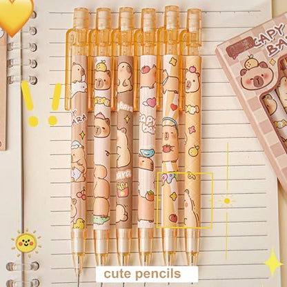 MOZXIRZ 4 Pcs Cute Mechanical Pencils with Eraser 0.5mm Cartoon Capybara Mechanical Pencil School Pencil for Boy Girl Women (6pcs Capybara) - color: 6pcs Capybara