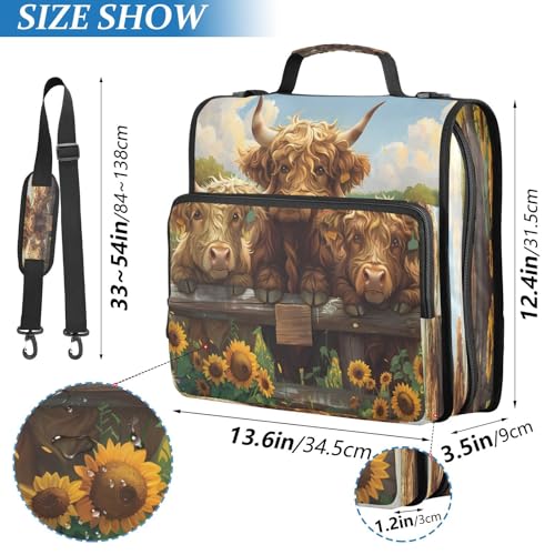 3 Ring Zipper Binder Sunflower Highland Cow Binders Bag with Shoulder Strap 500 Sheets Paper Organizer Trapper Keeper Documents Storage File Folder for School Office - color: A1190