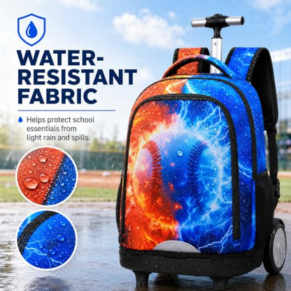 gxtvo Large Wheels & Quiet Glide | Rolling Backpack for Kids - Water-Resistant Wheeled Bag with Lunch Box for School, Travel & Outings - Fire & Lightning Baseball - color: Rolling Backpack Fire Lightning Baseball
