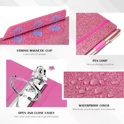 Ospelelf Glitter Leather Clipboard Binder 1 Inch, Magnetic Clipboard Folio Organizer with 5 Pocket Dividers & Zipper Pouch, Cute 3 Ring Document Organizer Binder for Office, Glitter Pink - color: Glitter Pink