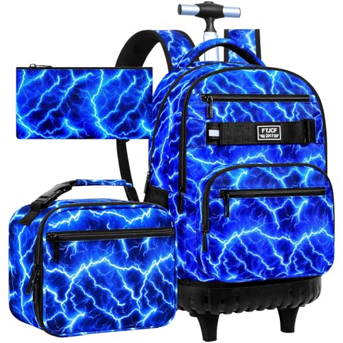 AGSDON Dynamic Lightning Men Rolling Backpack with Wheels Set – 20” Roller Bookbag for Boys with Matching Lunch Box for Travel, Commute & School | Water-Resistant Fashion Wheeled Organizer in Blue - color: Rolling Backpack Set - Lightning Blue