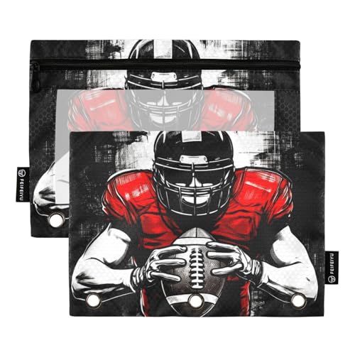 Gredecor Rugby Binder Pencil Pouch 3 Ring American Football Player in Helmet Zipper Pencil Pouches Case 2 Pack Clear Binder Organizer for Kids School Office - color: Football Player in Helmet-1