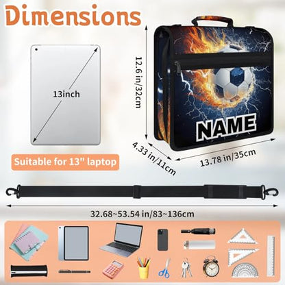 Custom Zipper Binder Lightning Fire Soccer 3 Ring Binder 1.5 Inch Expanding Pockets File Folder Large Capacity Document Organizer Bag with Handle and Strap - color: Multi 8