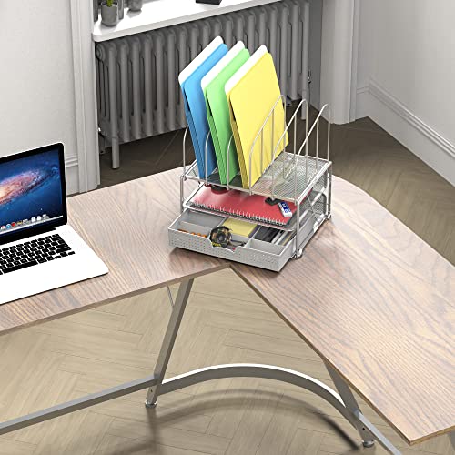Deco Brothers Mesh Desk Organizer with Double Tray, 5 Upright Section, Gray | Sliding Drawer with Adjustable Dividers - color: Sliver