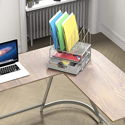 Deco Brothers Mesh Desk Organizer with Double Tray, 5 Upright Section, Gray | Sliding Drawer with Adjustable Dividers - color: Sliver