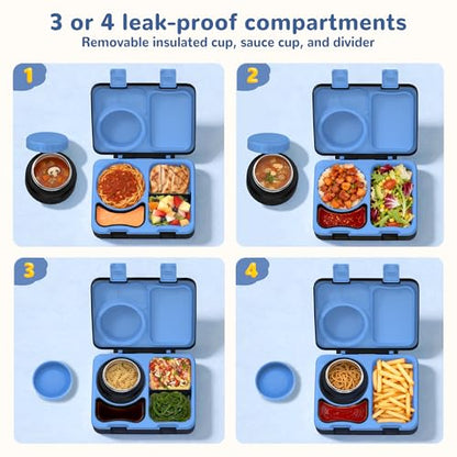 Bento Box for Kids, Leakproof Kids Bento Lunch Box Container with 8oz Insulated Thermo Food Jar, Sauce Jar, Utensil, DIY Stickers for School Boys Girls, 3-4 Compartments, BPA-Free - color: Black Blue
