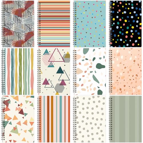 Fuutreo 12 Pcs Spiral Notebook for Work A5 8.3 x 5.7 Inch College Ruled Spiral Journal Notebook Kraft Cover Ruled Paper, 12 Color, 60 Sheets, 120 Pages for Office School(Retro Geometry) - color: Retro Geometry