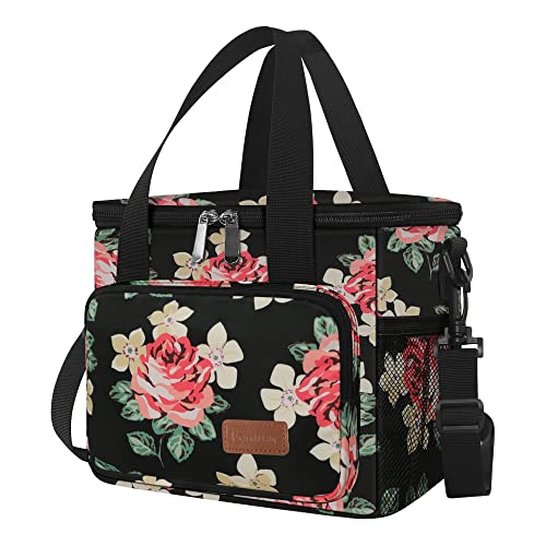 Femuar Lunch Bags for Women/Men, Insulated Lunch Bag for Work Office Picnic - Lunch Cooler Bag Leakproof Lunch Box with Adjustable Shoulder Strap - Black Floral - color: Black Foral, size: Medium Size
