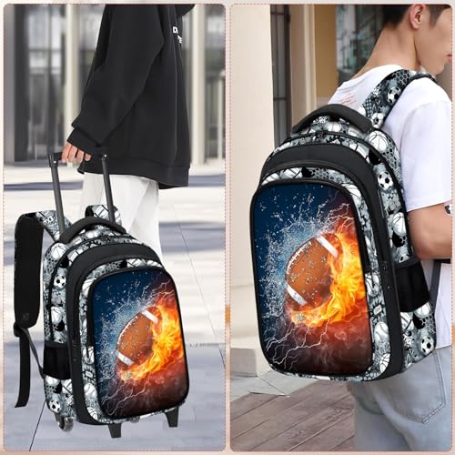 Boys Rolling Backpack for Kids - American Football Kids Rolling Backpack with Wheels for Elementary Middle School Students - Roller School Bookbag Aged 6-18, Wheeled Travel Bag Large Capacity - color: Football-001-backpack Only
