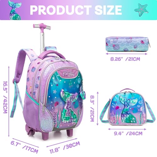 Meetbelify Mermaid Rolling Backpack for Girls Kids Wheels Backpacks for Elementary Student Wheeled Trolley Trip Luggage for Teen Girls with Lunch Box Pencil Case - color: Mermaid Purple