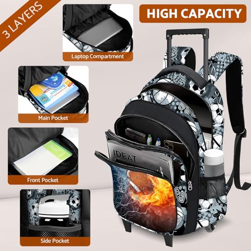 Boys Rolling Backpack for Kids - American Football Kids Rolling Backpack with Wheels for Elementary Middle School Students - Roller School Bookbag Aged 6-18, Wheeled Travel Bag Large Capacity - color: Football-001-backpack Only