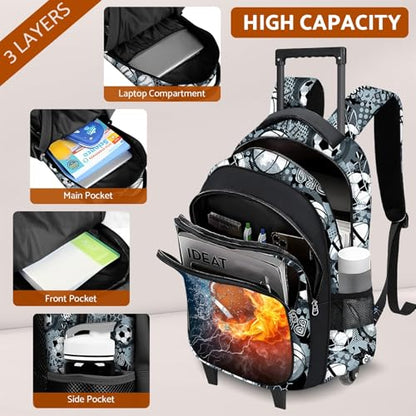 Boys Rolling Backpack for Kids - American Football Kids Rolling Backpack with Wheels for Elementary Middle School Students - Roller School Bookbag Aged 6-18, Wheeled Travel Bag Large Capacity - color: Football-001-backpack Only