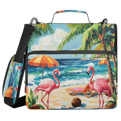 Cute Flamingos Palm Trees and Sea Waves Zipper Binder 3 Ring 1.5 Inch School Binder Organizer with Shoulder Strap Handle File Folder Pockets Large Capacity Students Girl Boy Men Office Work - color: Cute Flamingos Palm Trees and Sea Waves