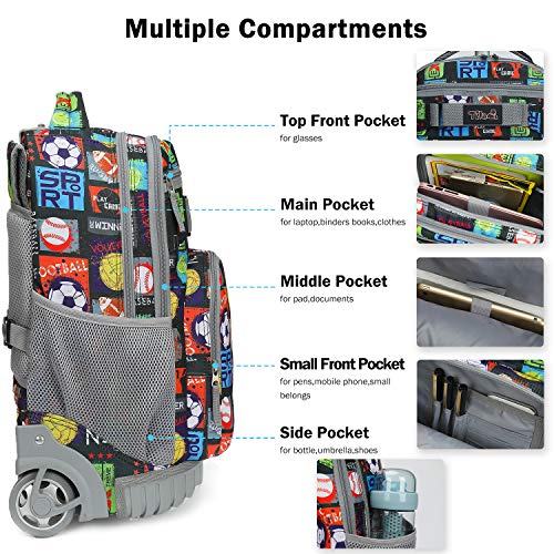 Tilami Rolling Backpack 18 inch Wheeled Laptop Backpack School College Student Travel Trip Boys and Girls, Sport Balls - color: Sport Balls Black