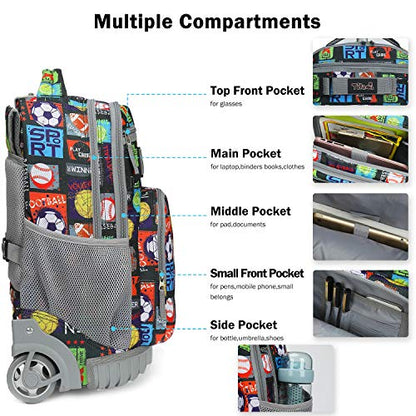 Tilami Rolling Backpack 18 inch Wheeled Laptop Backpack School College Student Travel Trip Boys and Girls, Sport Balls - color: Sport Balls Black