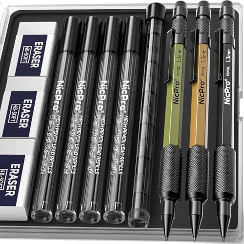 Nicpro 3 PCS 1.3 mm Mechanical Pencil Set 3 Colors with 48 Lead Refill, 3 Eraser - Weatherproof Metal MP2000 Heavy Duty Carpenter Pencil for Outdoor Marking Drafting Drawing Woodworking - style: 3 Pack (Black Green Brown)