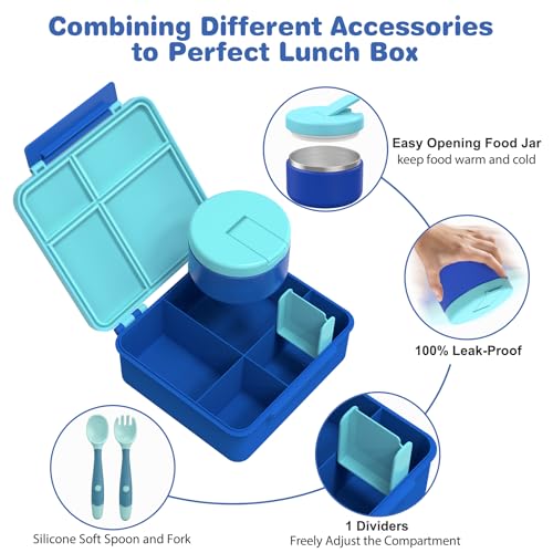 Kids Bento Lunch Box with 8oz Soup Thermo, Water Bottle, Kids Leakproof Lunch Food Containers with 4 Compartment, Insulated Hot Food Jar with Lunch Bag for School, Trvael (Blue) - color: Blue