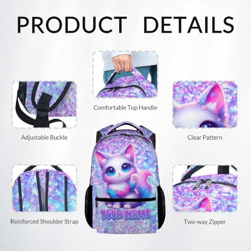 COZYAURA Cat Backpack for Girls Personalized with Name - 3-Piece School Bag Set with Insulated Lunch Box & Pencil Case for Kindergarten & Elementary Students - color: White