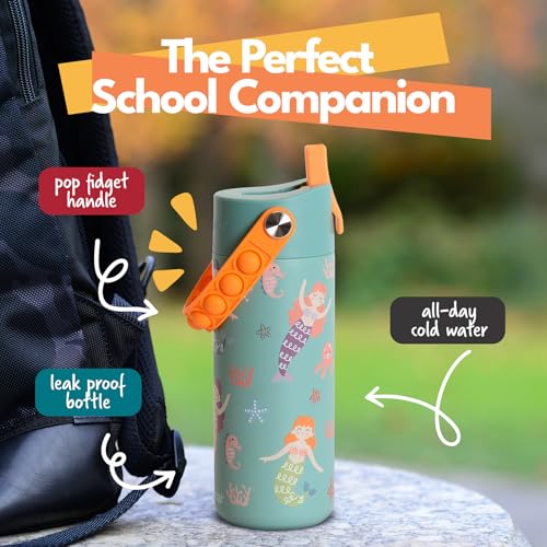 Elemental Insulated Kids Water Bottle, Stainless Steel Water Bottle with Straw Lid & Pop-It Handle, Leak-Proof Water Bottles for School, Boys or Girls, Travelling and Sports, 18oz - Mermaid Sisters - color: Mermaid Sisters