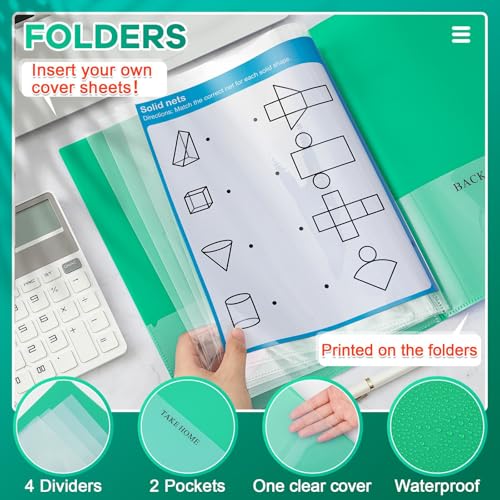 Henoyso 12 Pcs School and Home 2 Pocket Folders with 4 Clear Inner Pockets Plastic Heavy Duty Homework Folders Parent Teacher Communication for Student Home Office Classroom,11 x 9 Inch (Green) - color: Green