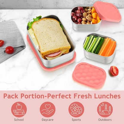 Homikit 3 Pack Kids Lunch Box Set, 18/10 Stainless Steel Bento Boxes with Silicone Lids Leak Proof, 5 Cups Reusable Metal Food Snack Containers for School Daycare, Nontoxic & Dishwasher Safe, Pink - color: Pink, size: Medium