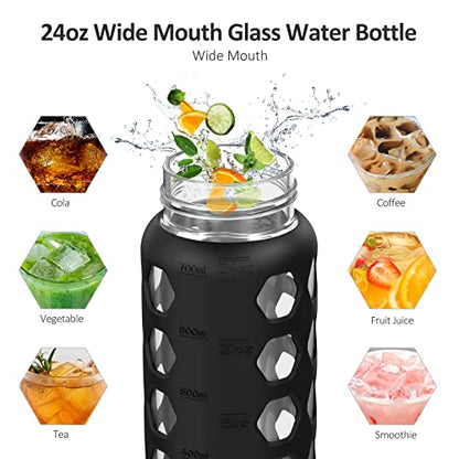 MUKOKO 24oz Glass Water Bottle, Black | Glass Tumbler with Straw, Drinking Bottles with 2 Lids-Handle Spout Lid & Bamboo Straw Lid, Silicone Sleeve, 1 Pack - color: Black, size: 24 Ounces
