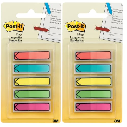 Post-it Arrow Flags, Assorted Bright Colors, 0.47 in Wide, 20 Flags per Color, 100 per Pack, 2 Packs (Total 200 Flags), Ideal for Highlighting and Organizing Documents - size: 0.5 x 1.75 inches